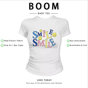 BOOM Áo Baby Tee Nữ Cotton Ôm Body-Áo Thun Ngắn Tay Y2K In Hình PhongCách Mùa Hè, Cổ Tròn Hàng Đầucách hàn quốc phong225