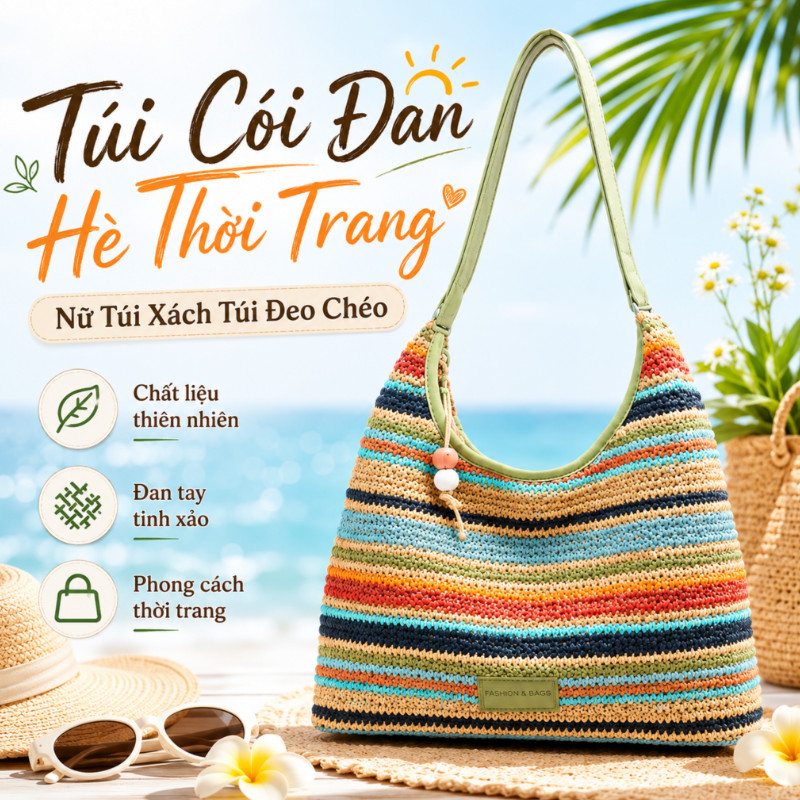 Túi Cói Đan Hè Thời Trang Nữ Túi Xách Túi Đeo Chéo,Màu Tương Phản,Sọc Lớn,Dung Tích Lớn,Đi Biển