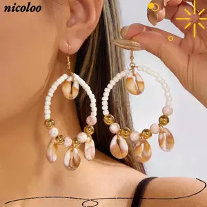 Bông tai vòng dệt NICOLOO, Bông tai thả thủ công đính cườm, Phong cách Boho mùa hè với vỏ đốm đi biển Kỳ nghỉ Sea Star Shell Bông tai trang sức nữ