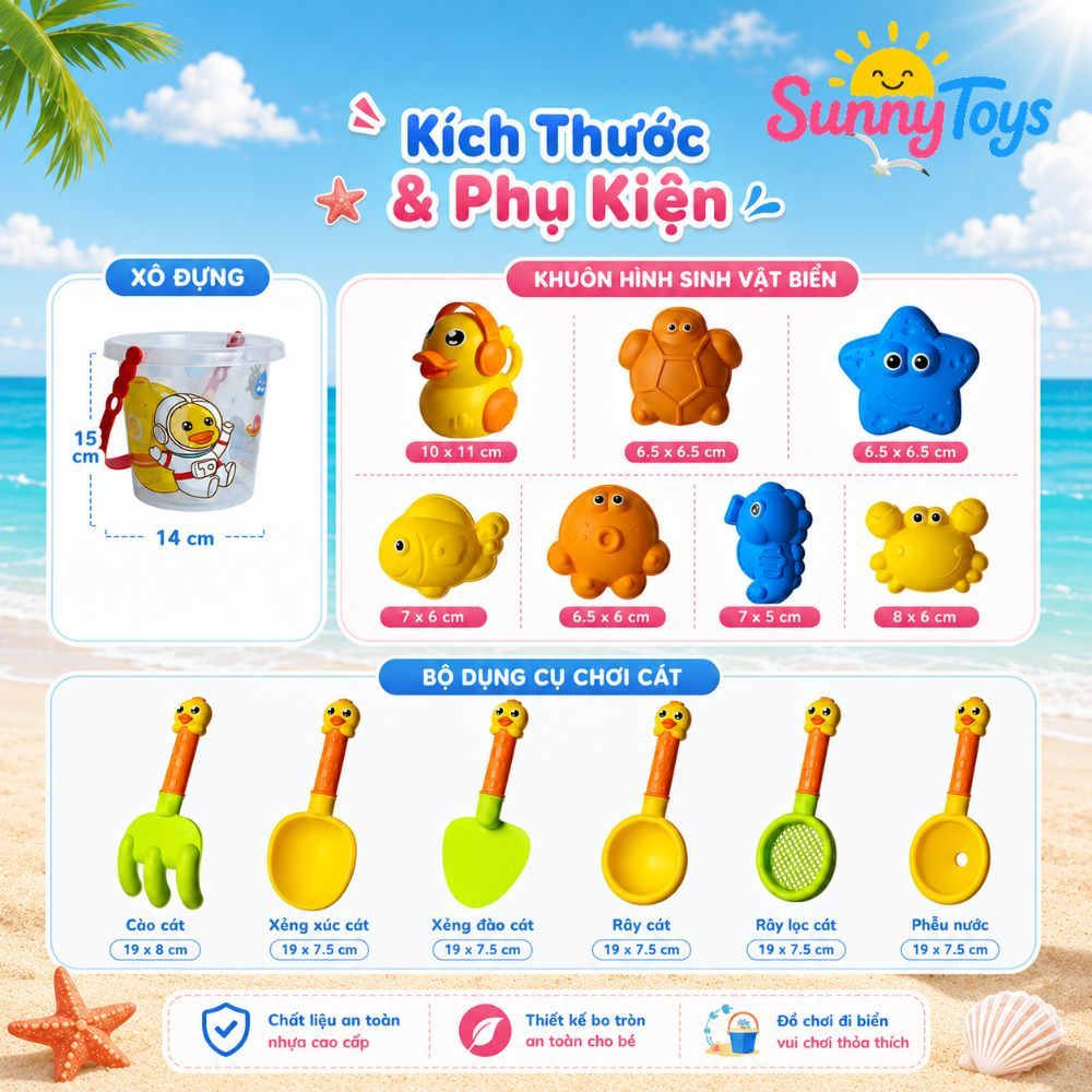 Bộ Đồ Chơi Cát Biển SunnyToys 14 Món - Xô Vịt Vàng, Xẻng Cát Và Bình Tưới Cho Bé