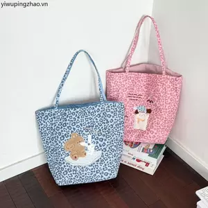 Phong Cách Mới Mùa Xuân Dễ Thương Hồng Xanh Da Báo In Hình Động Vật Hoạt Hình Thêu Hai Mặt Túi Tote Khuôn Viên Thời Trang Hàng Ngày Đi Lại