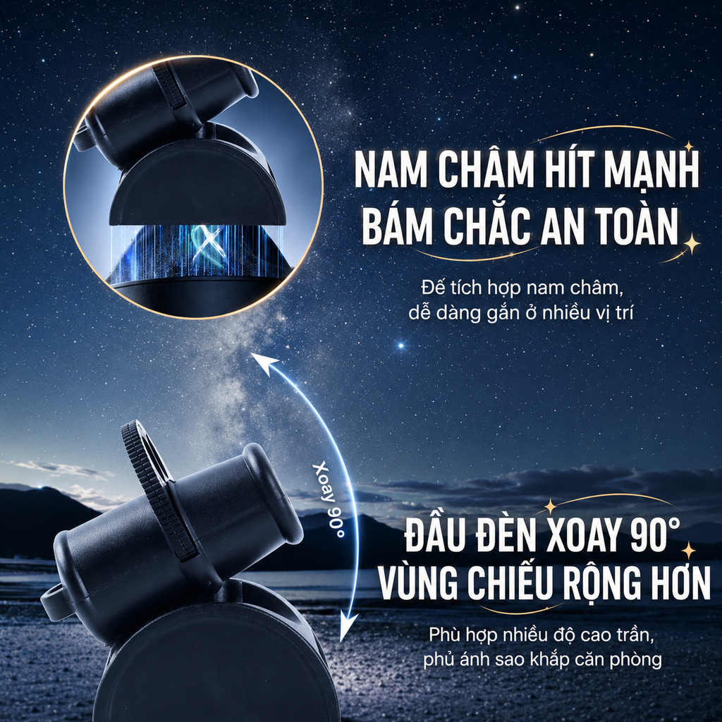 Đèn ngủ LED chiếu sao thiên hà mini USB, cổ xoay 360°, 3 chủ đề Mặt Trăng Chòm Sao Hành Tinh