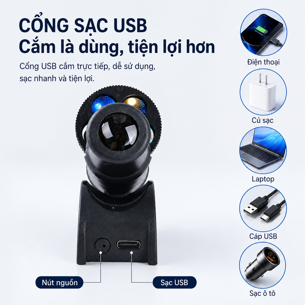 Đèn ngủ LED chiếu sao thiên hà mini USB, cổ xoay 360°, 3 chủ đề Mặt Trăng Chòm Sao Hành Tinh