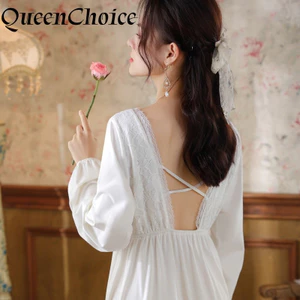 Phụ Nữ Gợi Cảm Cổ Chữ V Sâu Đồ Ngủ Đầm Nữ Chắc Chắn Trắng Dài Tay Vintage Công Chúa Váy Ngủ