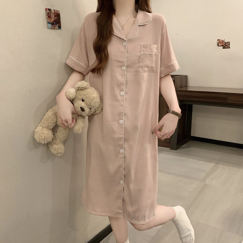 Phong Cách Mới Ngoại Thương Mây Cotton Mùa Hè Nữ Màu Trơn Áo Sơ Mi Váy Ngủ Rời Gợi Cảm Tay Ngắn Bộ Đồ Ngủ Nhà