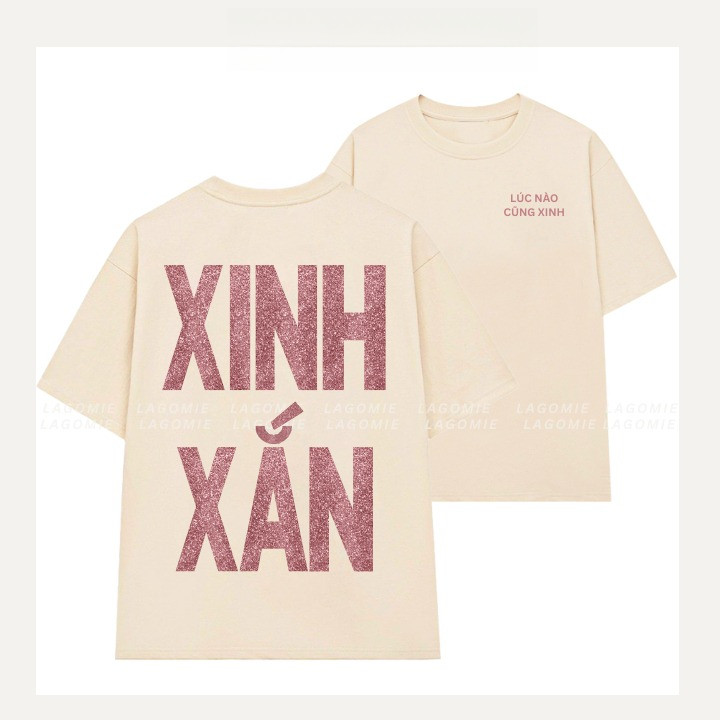 （Giao hàng 24h）Angela Áo Thun Form Rộng Cotton 100% KIM TUYẾN In Chữ XINH XẮN Tay Lỡ Nam Nữ Unisex