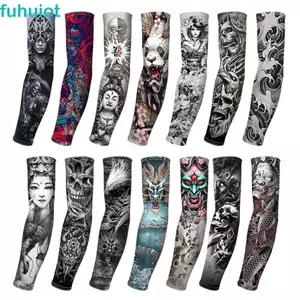 FUHUIOT Tay áo hình xăm cánh tay hoa, chống tia cực tím, giữ ấm, liền mạch, bảo vệ ngoài trời