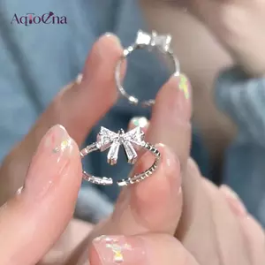 AqToCna Phong Cách Hàn Quốc Sáng Bóng Zircon Mở Nhẫn Có Thể Điều Chỉnh Dành Cho Nữ Cô Gái Lãng Mạn Nơ Nhẫn Thời Trang Đơn Giản Ngón Tay Trang Sức Quà Tặng AqToCna