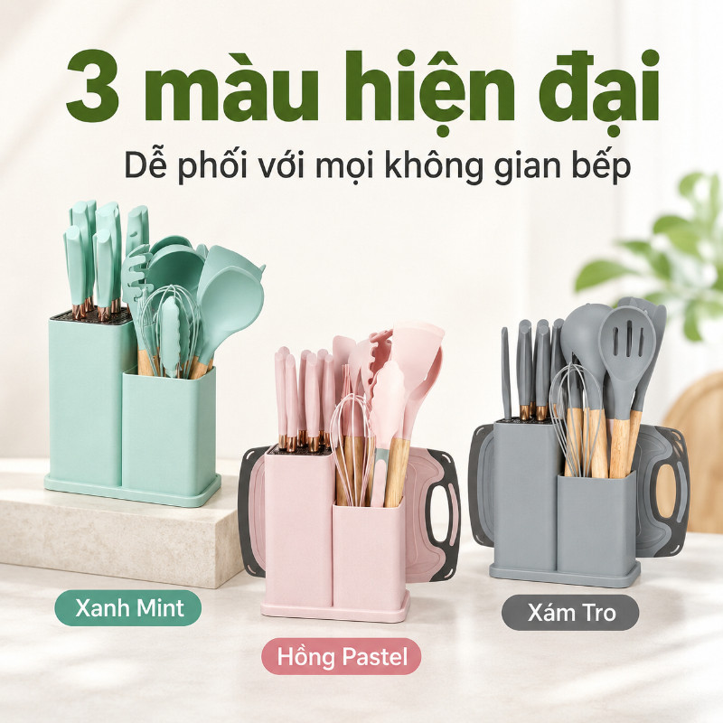 Bộ 19 Món Dao Kéo & Dụng Cụ Nhà Bếp Cao Cấp - Silicon & Thép Không Gỉ, Cán Gỗ, Tặng Kèm Thớt