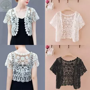 Áo ren AMBU, Áo khoác ngắn tay mở phía trước cô dâu mùa hè, Áo len Cardigan ngắn tay họa tiết hoa màu đen / trắng thanh lịch dành cho nữ
