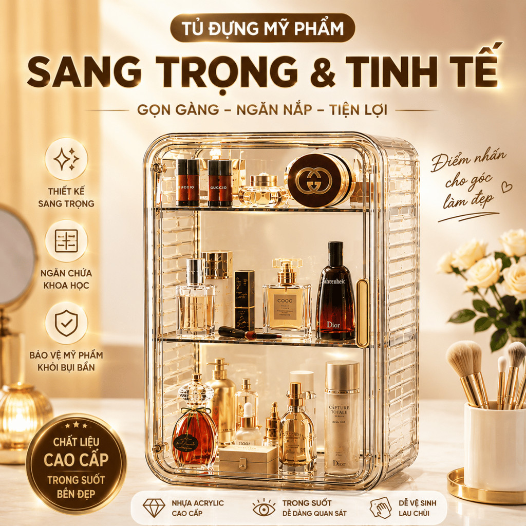 Tủ Đựng Mỹ Phẩm HomeMate 3 Tầng Trong Suốt Có Cửa, Kệ Đựng Skincare Makeup Chống Bụi Cao Cấp