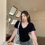 Áo thun ngắn tay nữ phong cách giản dị Hàn Quốc đơn giản phù hợp với dây rút tay phồng màu trơn ngắn Slim