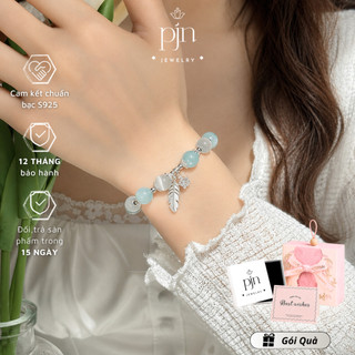 Vòng Tay Nữ Bạc 925 Đá Xanh Biển Aquamarine – Phối Charm Lá May Mắn – Trang Sức Phong Thuỷ Cao Cấp