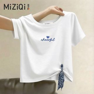 【MIZIQI]】áo kiểu nữ Khăn lụa phong cách mới có dây xếp ly ngắn nữ, Áo nữ ngắn tay cổ tròn đơn giản