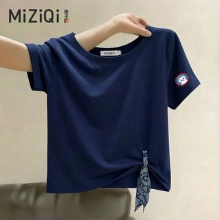 【MIZIQI】áo kiểu nữ Áo thun nữ ngắn tay có khăn lụa, áo cổ tròn giảm béo mùa hè