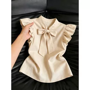 Phong cách nhẹ nhàng Áo sơ mi nơ tay bay nhỏ Áo thun nữ mùa hè Thiết kế phong cách mới Cảm giác buộc dây thời trang hàng đầu