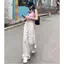 Quần jean thẳng in hoa trắng mùa hè Phong cách mới Ngọt ngào eo cao dáng rộng dáng rộng dáng rộng dáng rộng Quần lau sàn