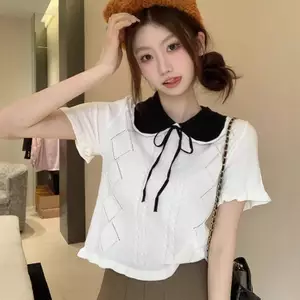 MAKY Mùa Hè Hàn Quốc Nơ Ngọt Ngào Cổ Búp Bê Tay Ngắn Dệt Kim Áo Thun Nữ VN