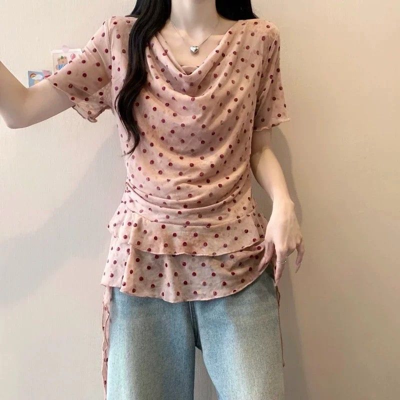 Milyfashion Cổ Xoay Chấm Bi Không Đều Lá Sen Khâu Áo Thun Tay Ngắn Mùa Hè Phong Cách Mới Mỏng