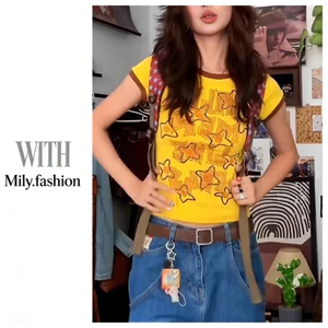 Milyfashion Thiết Kế Vàng Graffiti In Áo Thun Tay Ngắn Mùa Hè Phong Cách Mới Màu Sắc Tương Phản Slim-Fit Vai Trước Ngắn Top