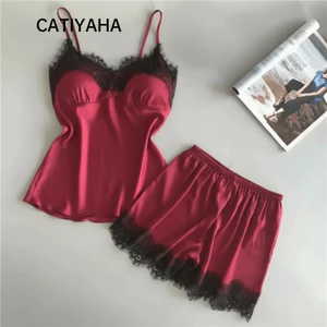 Bộ Đồ Ngủ Dây Nữ CATIYAHA, Bộ Đồ Ngủ Mỏng Màu Trơn Polyester, Quần Short Sling Bộ Đồ Ngủ Sling Mùa Hè