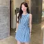 Váy Vest kẻ sọc màu xanh da trời kiểu Pháp Váy không tay kiểu dáng mùa hè