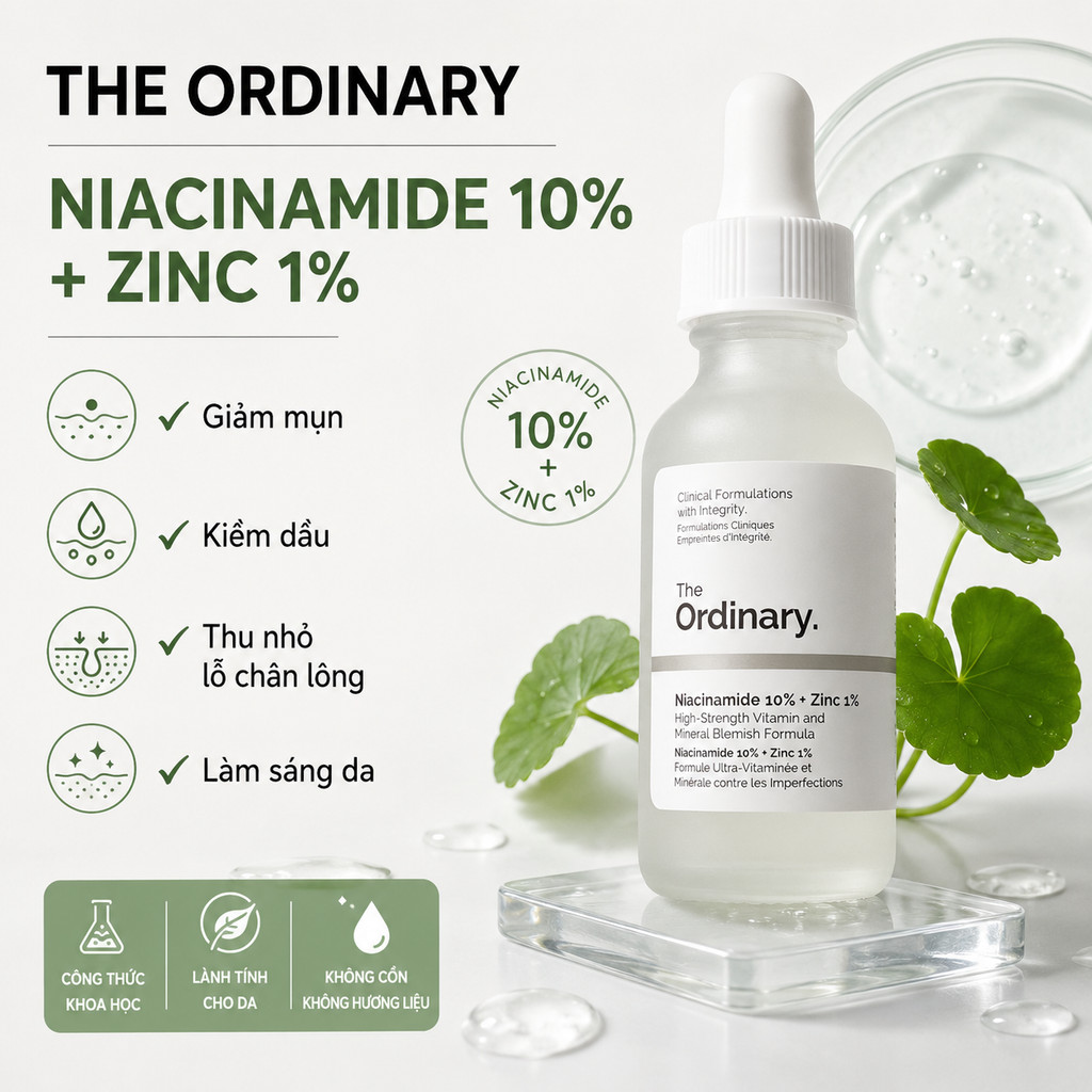 The Ordinary Niacinamide 10% + Zinc 1% 30ml Chính Hãng | Serum B3 Kiểm Dầu Mịn Da