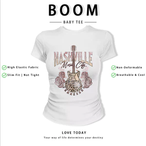BOOM Áo Baby Tee Nữ Cotton Ôm Body-Áo Thun Ngắn Tay Y2K In Hình PhongCách Mùa Hè, Cổ Tròn Hàng Đầucách hàn quốc phong092