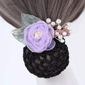 DELMER Ngọc Trai Móc Bun Net, Kẹp Đuôi Ngựa Hairgrips Bao Lưới Hoa Snood Kẹp Mùa Xuân, Kẹp Tóc Có Thể Tháo Rời Mũ Bun Snood Hoa Hồng Ren Tóc Lưới Văn Phòng Nữ