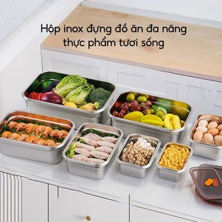 Hộp Đựng Thực Phẩm Inox Có Nắp Đậy JYoohome Khay Đựng Đồ Ăn Để Tủ Lạnh Ngăn Mùi Bảo Quản Rau Củ Thịt
