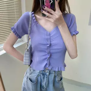 Phong cách Hàn Quốc Slim-fit Slimmer Look All-match Fungus Edge Xếp ly Cổ chữ V ngắn @ -