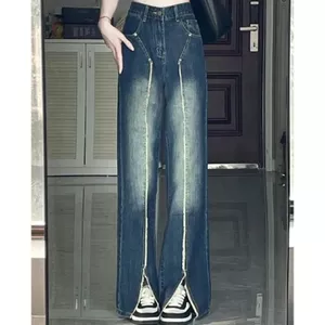 Thiết kế Sense Retro Raw Edge Split Jeans Nữ Mùa hè Phong cách mới Phù hợp với eo cao thẳng dáng rộng mỏng hơn W