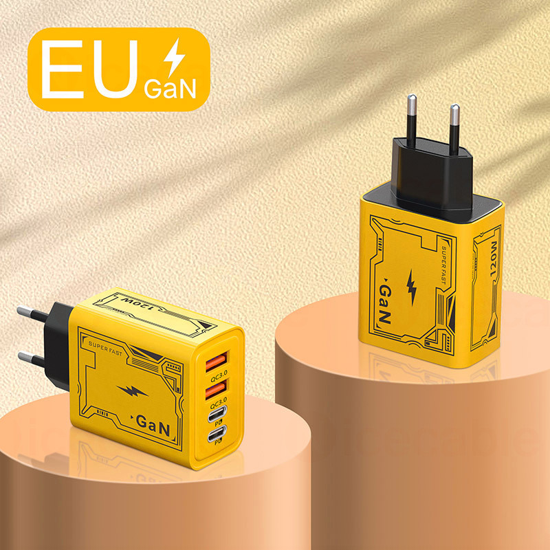 GaN 4-IN-1 2USB + Type C Cắm Sạc Điện Thoại 120W Sạc Siêu Nhanh Sạc Điện Thoại Di Động QC3.0 EU / US / UK Cắm Sạc Cho IOS Android
