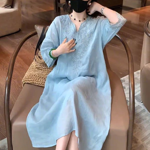 Vải Lanh Cotton Văn Học Phong Cách Trung Hoa Phong Cách Trung Hoa Công Nghiệp Nặng Thêu Cổ Chữ V Giữa Tay Đầm Tính Khí Retro Váy Nữ 5.26