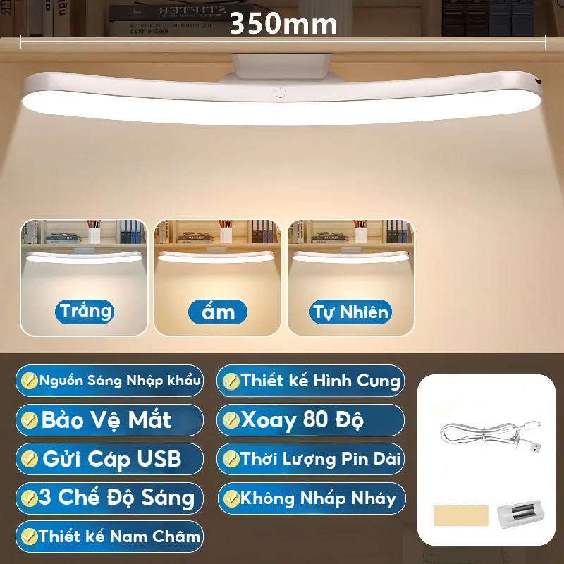 Đèn Bàn LED Xoay 80°, Bảo Vệ Mắt, 3 Chế Độ Sáng, Sạc USB, Quà Tặng Cho Học Sinh Nhân Dịp Khai Giảng