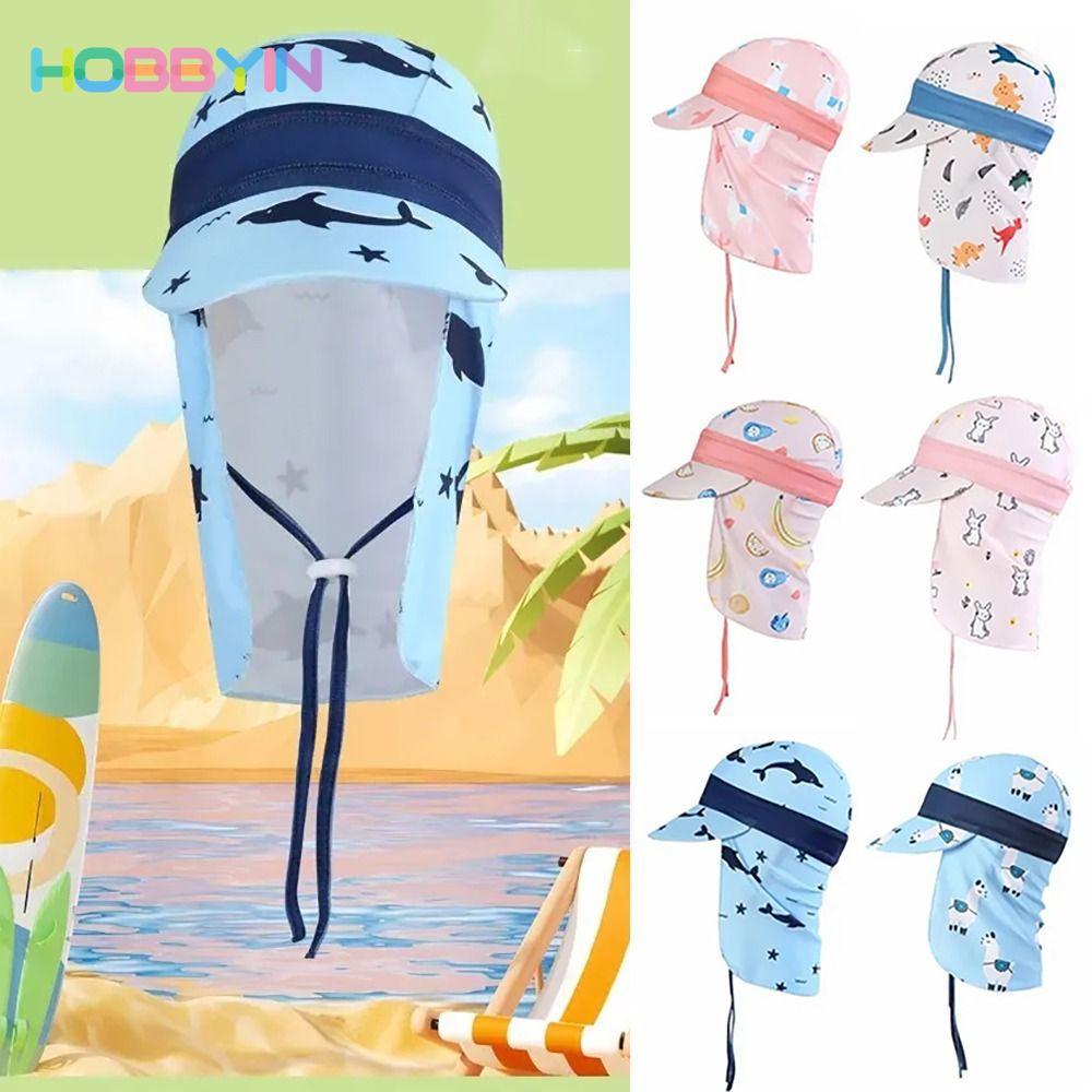 Mũ bơi trẻ em HOBBYIN, Mũ che nắng vành lớn chống tia cực tím chống gió, Phim hoạt hình có thể điều chỉnh thoáng khí Bảo vệ cổ Mũ chống tia cực tím Bể bơi