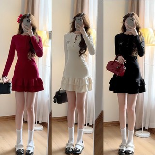 Váy sơ mi cổ tròn  body thêu nơ đuôi cá, Váy len tăm dài tay tiểu thư