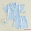 Bộ Đồ Ngủ Bé Gái Tập Đi In Sọc Mùa Hè Ve Áo Tay Ngắn Nút Xuống Áo + Quần Short Bộ Đồ Ngủ