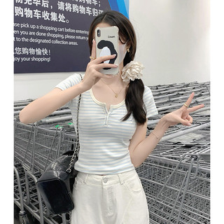Áo thun ngắn tay sọc cổ chữ U dành cho nữ mùa hè Phong cách mới Slim-fit Slimmer Look Học sinh hàng đầu