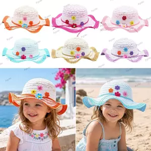 Mũ Rơm PYCOU, Mũ Chống Nắng 3-7Year Handmade, Trang Trí Hoa Ngọt Ngào Mũ Đi Biển Du Lịch