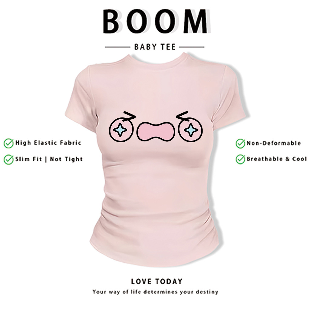 BOOM Áo Baby Tee Nữ Cotton Ôm Body-Áo Thun Ngắn Tay Y2K In Hình PhongCách Mùa Hè, Cổ Tròn Hàng Đầucách hàn quốc phong&92