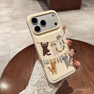 Ốp Điện Thoại Da Giả Thêu Giá Phơi Treo Mèo Thích Hợp Cho iPhone 11 12 13 promax 14 15 16 17 pro max 16promax 15promax 14promax 15plus Ốp Chống Sốc