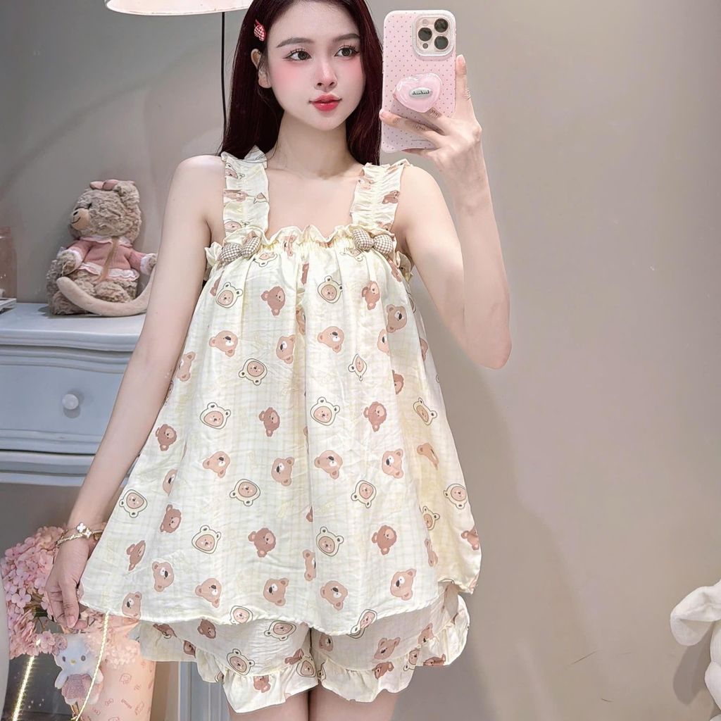 Bộ Đồ Ngủ Nữ JUSOKA  Pijama DU54 Đũi Vân Mây 2 Dây Viền Bèo Đính Nơ Mềm Mịn Cao Cấp Thoải Mái Dễ Thương