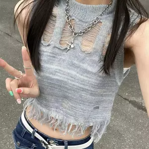 Retro Hot Girl Không tay Thiết kế hàng đầu Feel Niche Dệt kim Áo Vest rỗng Áo ngắn