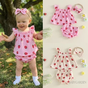 Bé Gái Dâu Trang Phục Bay Tay Babydoll Áo Ruffle Quần Short Và Nơ Đầu Bộ Mùa Hè