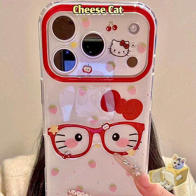 Ốp Lưng Điện Thoại Khung Kính Màu Đỏ Dâu Kitty Nhút Nhát Cho iPhone 17 Pro Max 13 12 11 15 16 Plus Xs Max XR