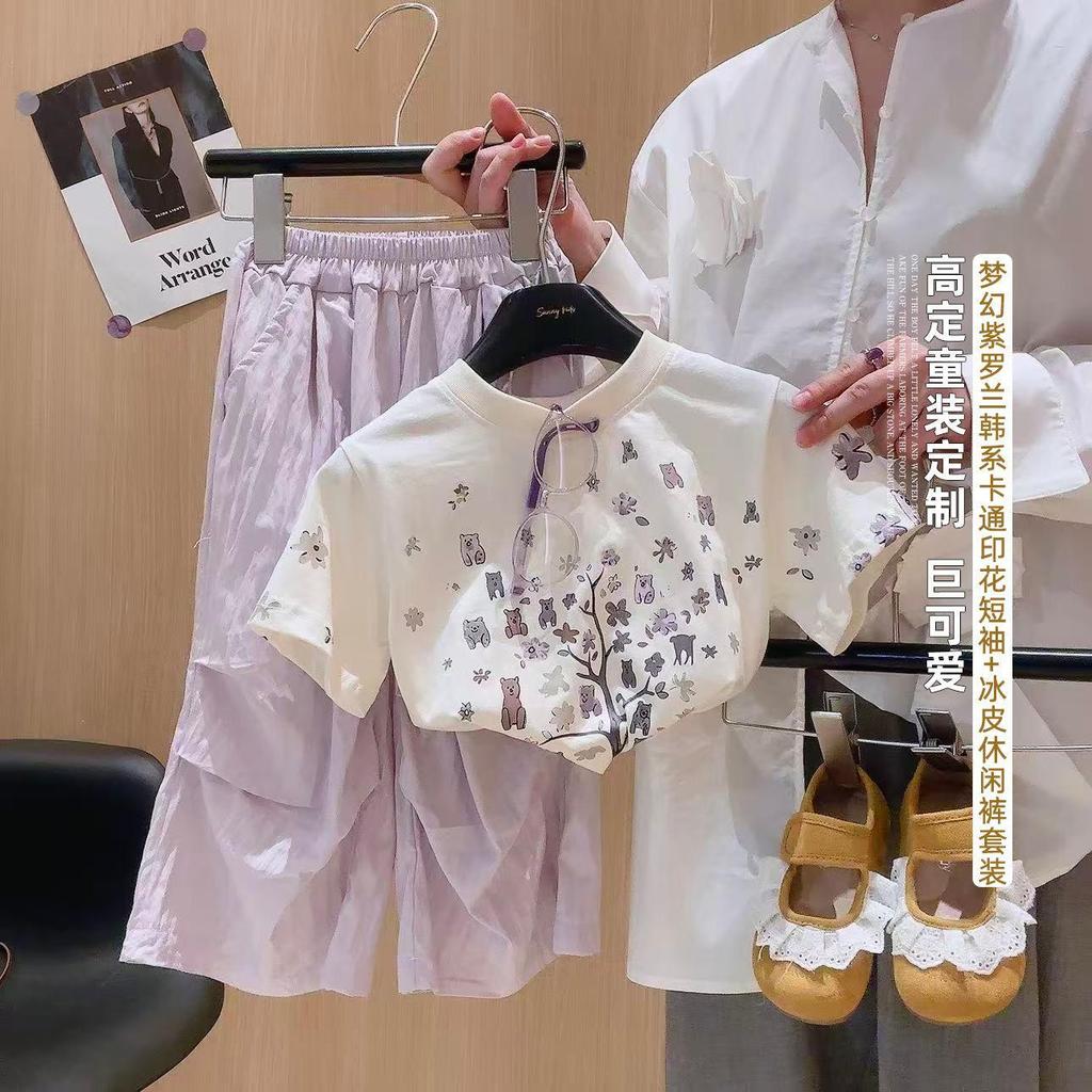 [Hàng mới về] Trang phục cha mẹ và con cái (90-160) Áo thun in hình hoạt hình mùa hè + Quần ống rộng thông thường có kích thước người lớn