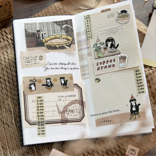 ENWEI 50 Chiếc [Cat Cafe Time Series] Coffee Element Cow Cat Retro Dễ Thương Có Thể Xé Giấy Dán Ghi Chú Nhật Ký Văn Phòng Phẩm