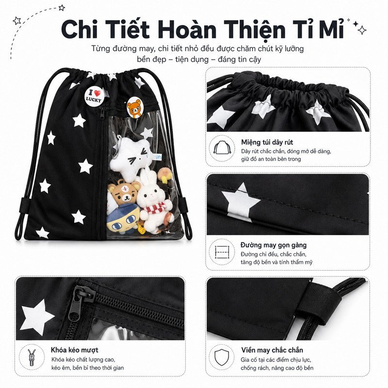 túi dây rút trong suốt nylon nhẹ bền chống nước ngăn pvc khóa kéo học sinh đi học