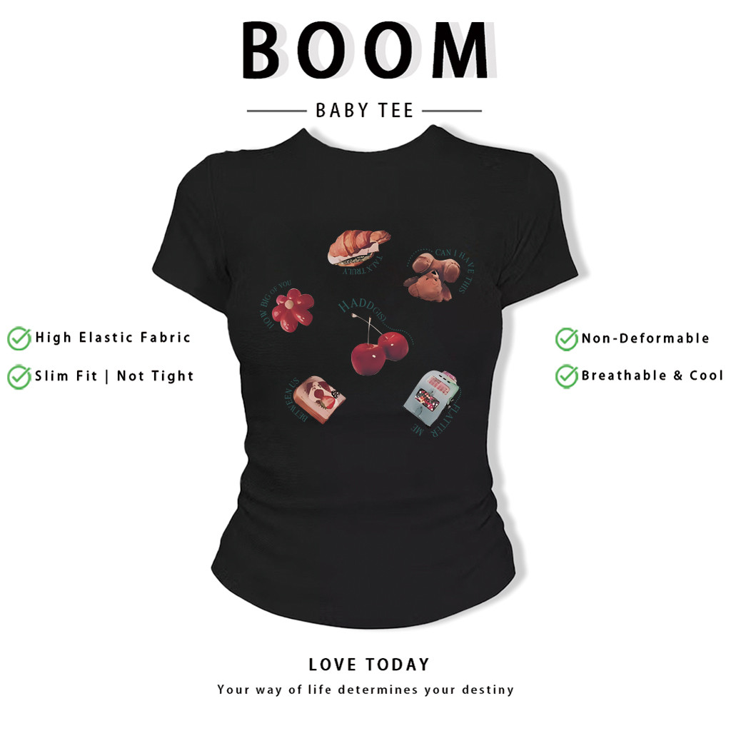 BOOM Áo Baby Tee Nữ Cotton Ôm Body-Áo Thun Ngắn Tay Y2K In Hình PhongCách Mùa Hè, Cổ Tròn Hàng Đầucách hàn quốc phong110